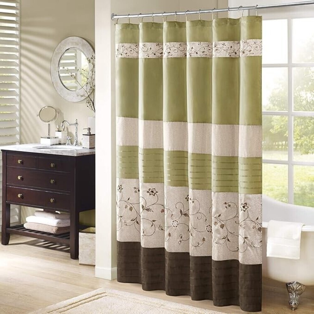 Madison Park Serene Shower Curtain 72x72 Green Floral Faux Silk Embroidered BED1